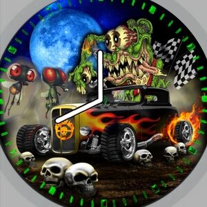 B Hot Rod Skull Wall Clock -Ed Roth Inspired Racing Rat
